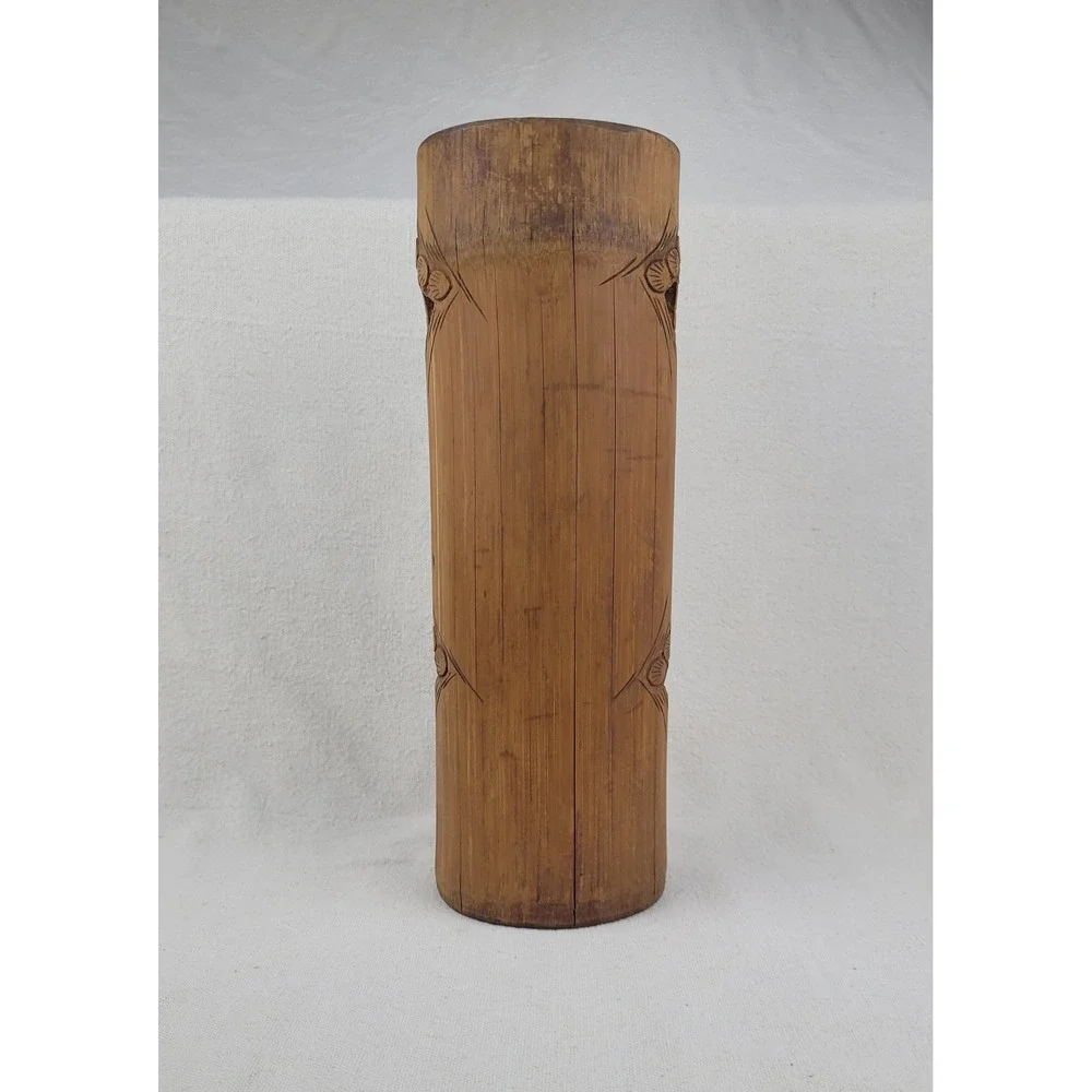 Vintage Hand Carved Bamboo Brush Pot Vase Asian Forest Relief Scene 12 Inch‎